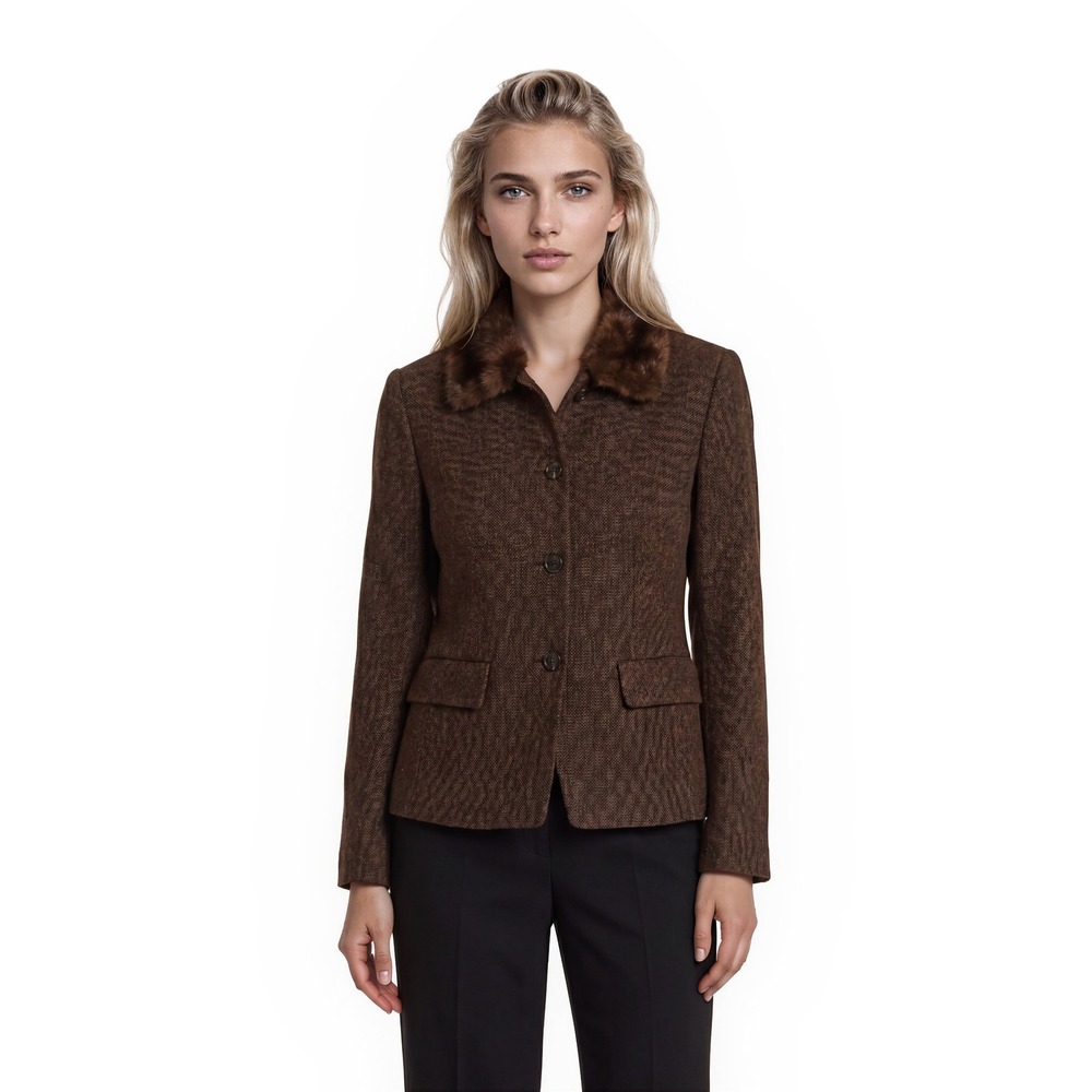 Talbots Collection Blazer Women's Size 6 Brown Herringbone Tweed Faux Fur Collar